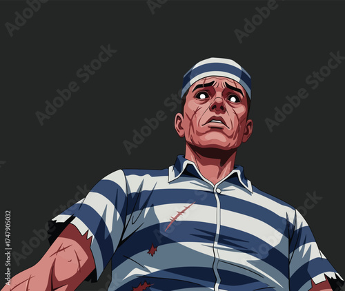 Distressed Prisoner with Glowing Eyes and Torn Uniform Looking Upward.