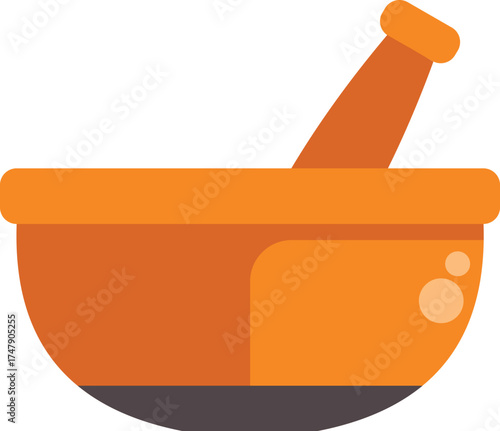 Orange mortar and pestle crushing herbs and spices, kitchen utensil for grinding ingredients