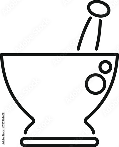 Simple line drawing of a mortar and pestle, actively crushing ingredients, ideal for representing cooking, medicine preparation, or pharmacy
