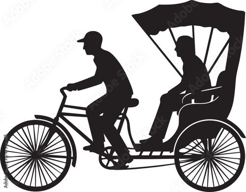 Rickshaw Silhouettes Pedicab Passenger Side View Black and White