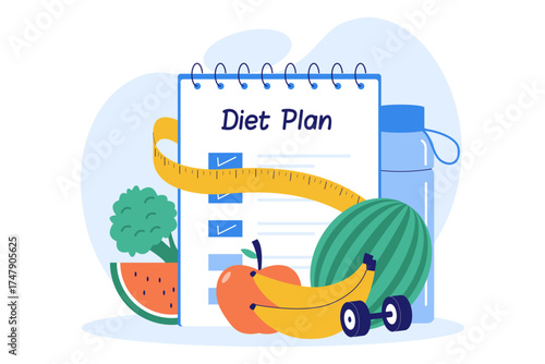 Illustration of Diet Plan and Healthy Lifestyle. Checklist, Fruits, and Measuring Tape for Weight Loss Goals