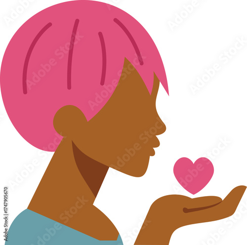 Profile of a young woman with pink hair holding a heart in her hand, symbolizing love, care, and affection