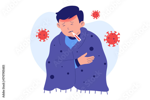 Illustration of Viral Infection and Communicable Disease. Sick boy with Fever and Chills Surrounded by Virus Icons