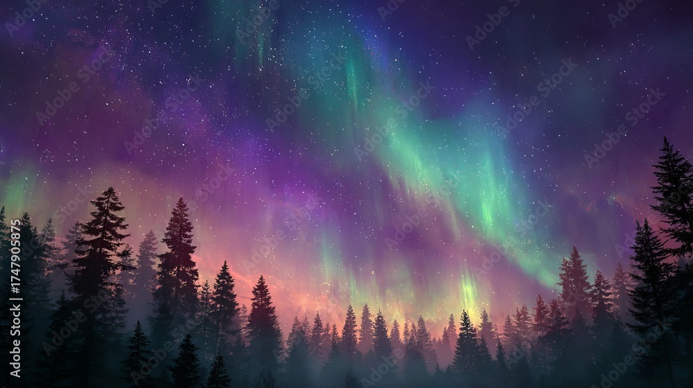 Naklejka premium Dazzling aurora borealis illuminates starry night sky over silhouetted pine forest landscape