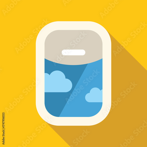 Looking through the airplane window at beautiful blue sky and white clouds, enjoying the flight