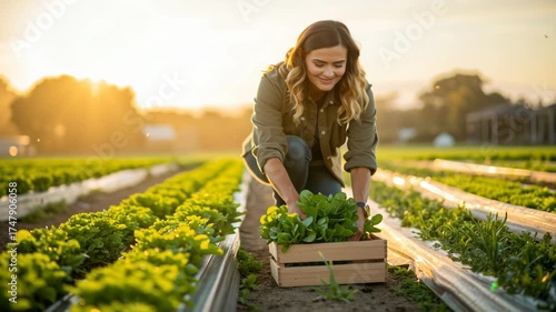 A woman harvesting lettuce in a sunlit farm field during golden hour.