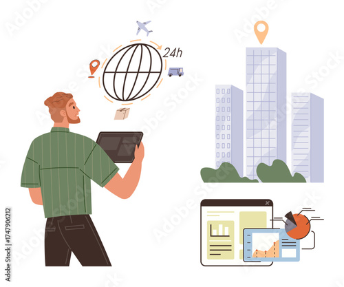 Person holding tablet tracking global deliveries with world map, transportation icons, and analytics dashboard. Ideal for logistics, technology, business, management, delivery, communication