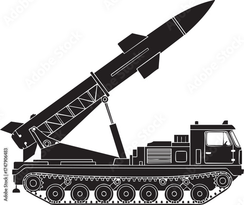 Rocket Launcher Vehicle Silhouettes Missile Ready Side View Black and White