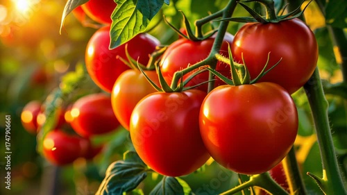 Vibrant red tomatoes growing on the vine in a sunlit garden.