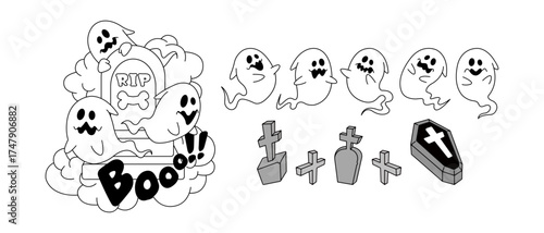 ハロウィンのかぼちゃ・お化けのベクターモノクロ素材セット② Halloween Pumpkins and Ghosts Monochrome Vector Illustration Set 2