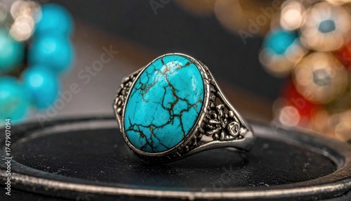 A beautifully crafted silver ring featuring a large turquoise stone, set against a blurred colorful backdrop