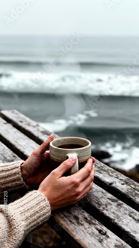 Cozy Autumn Moment: Hands Holding Steaming Coffee Overlooking a Moody Ocean View