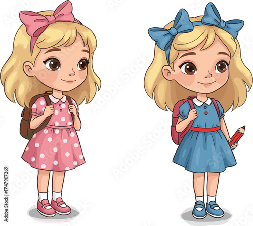 Cartoon girl in pink and blue dresses with backpacks and pencil, cute character design, school theme, fashion variation, learning