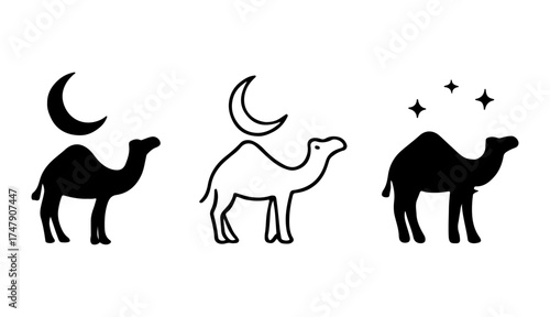 Three camels under a crescent moon and caravan, travel, adventure stars