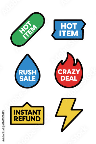 Set of Hot Item Sale Badges Rush Sale Crazy Deal Instant Refund