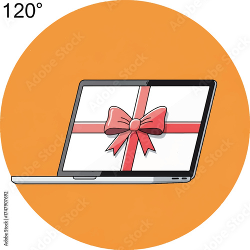 Flat lay illustration of a laptop with a gift box on its screen, featuring a red bow on a white background with orange circle, conveying a celebratory mood.