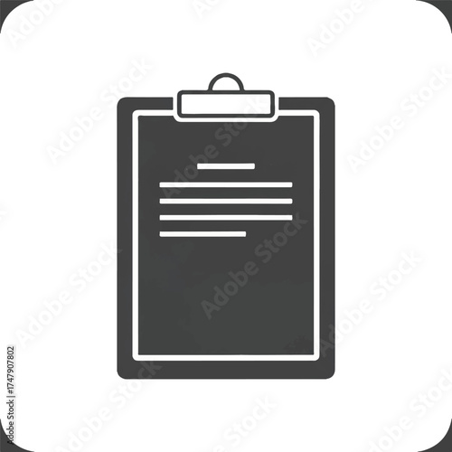 A dark grey clipboard with a white outline and lines on a white background