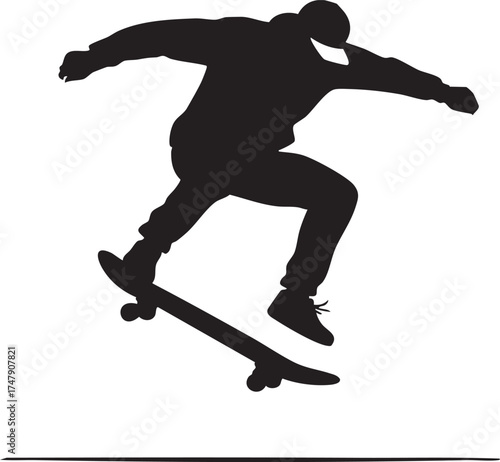 Skateboarder Silhouettes Mid Air Simple Jump Side View Black and White