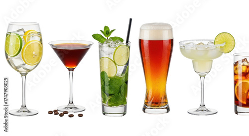 Tableau sur toile Isolated assorted alcoholic drinks for menu design, recipe books or ad campaigns