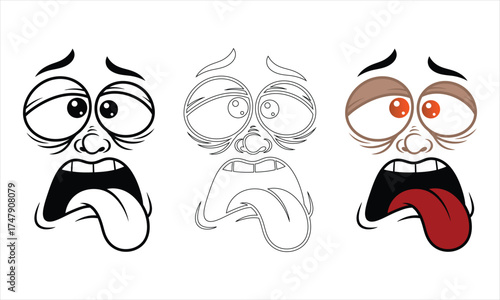 Three versions of a cartoon face showing a disgusted expression, including a line art version, , for use in various creative projects