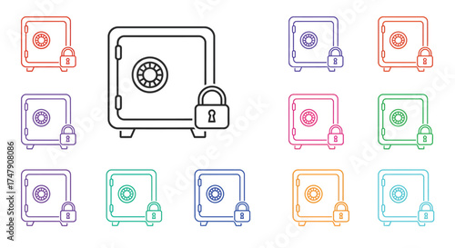 Multiple safe icons in varying colors with lock symbols displayed