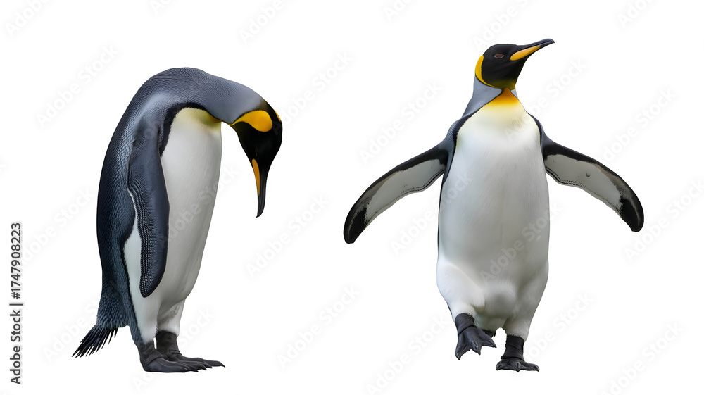 Fototapeta premium Two king penguins standing side by side isolated on transparent background