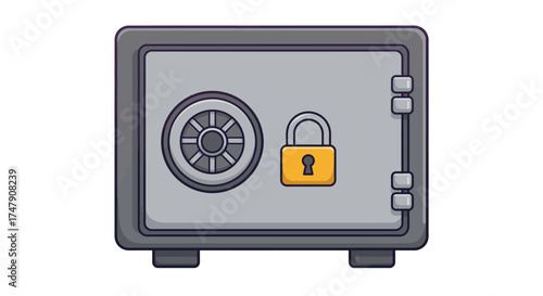 Cartoon illustration of a gray safe with a golden padlock and dial