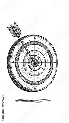 Hand-drawn sketch of a target and arrow.  A circular target with concentric rings,  a wooden-style texture,  and a  arrow hitting the center.  Image is in grayscale on a white background