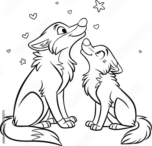 A charming black-and-white line drawing of two cartoon wolves sitting close, their noses almost touching in a moment of connection.