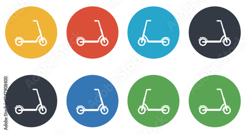 Colorful scooter icons arranged in a grid pattern simple white designs