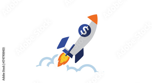 A cartoon rocket ship launching with blue and orange accents