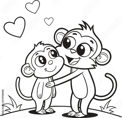 A charming black-and-white line drawing of two friendly cartoon monkeys standing together with one arm around the other