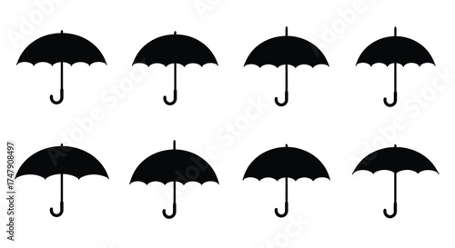 Simple black silhouette icons of umbrellas arranged in a grid pattern