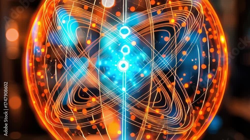 Vibrant, glowing orb and atom model showcase swirling energy patterns, bright particles, and abstract technology in captivating motion and colors
