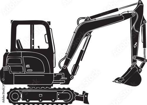 Small Mini Excavator Silhouettes Tracks Articulated Arm Side View Black and White