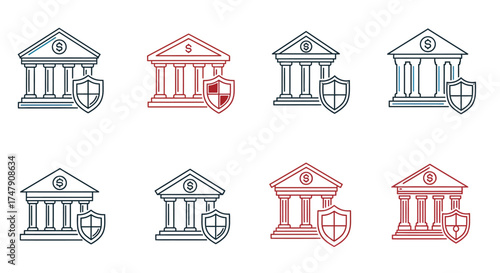 Bank building icons with security shields representing financial protection services