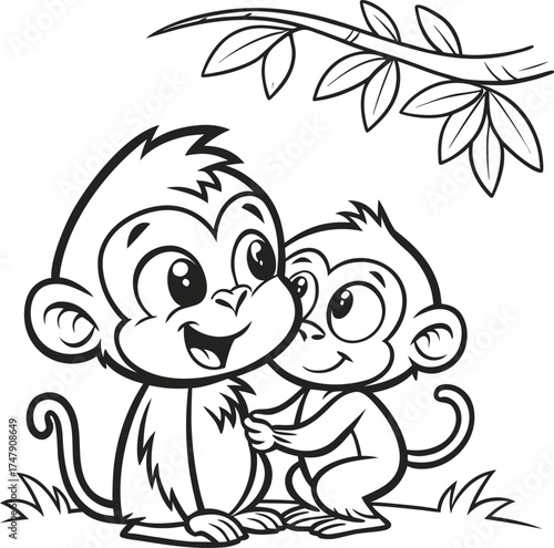 A charming black-and-white line drawing of two friendly cartoon monkeys standing together with one arm around the other 