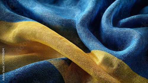 Abstract Ukraine flag, fabric texture in blue and golden yellow showcasing shimmering waves of textile