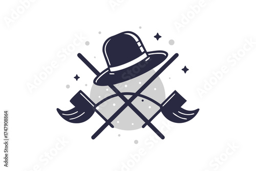 Compact hat and broom icon combo simple minimal composition