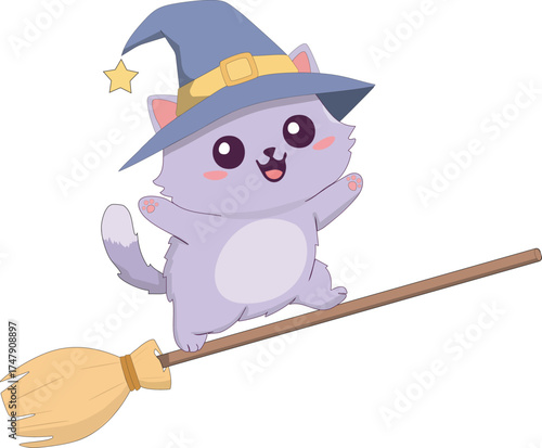 Cartoon Cat in Witch Hat on Broomstick