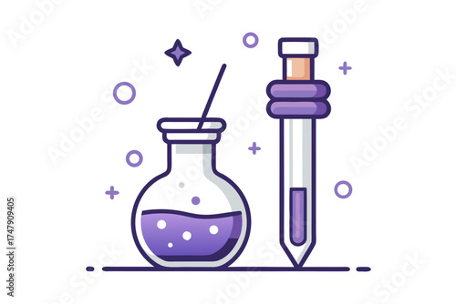 Potion with wand icon small linear potion magical tool illustration