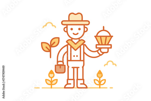 Scarecrow with lantern icon organic line spooky farm Halloween