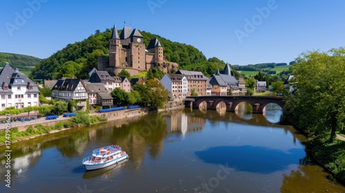 Wallpaper Mural Scenic view of historic castle and charming village along river with boat in sunny weather in Germany picturesque landscape Torontodigital.ca