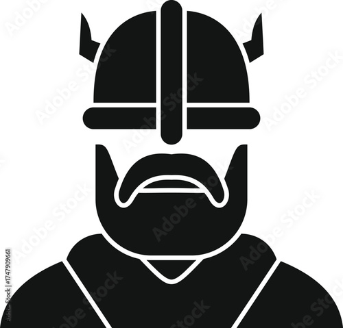 Portrait of a viking warrior wearing traditional horned helmet and sporting a large, full beard