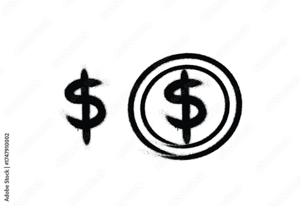 Obraz premium Dollar coin symbol in circle. Urban street graffiti style with splash effects, drops. Concept for economy, finance, currency. Dollar coin symbol in circle. Urban street style vector illustration.
