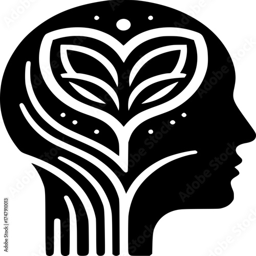 Mindful Harmony: A symbolic representation of a human silhouette, intertwined with nature-inspired elements, conveying a sense of inner peace and spiritual well-being.
