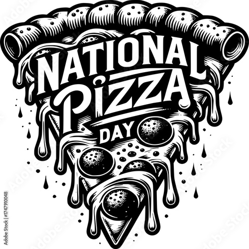 National Pizza Day: A delectable slice of pizza, dripping with savory cheese and flavorful toppings, is artfully presented, heralding National Pizza Day and the simple joy of food.