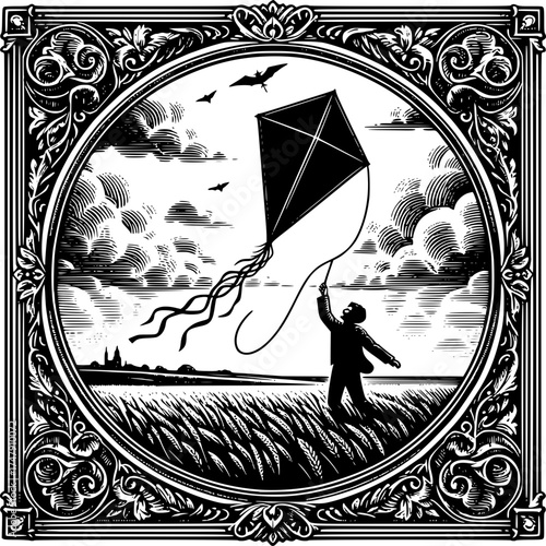 Whimsical Kite in the Wind: An illustration showcases a lone figure joyfully maneuvering a kite against a cloudy sky, embodying a sense of freedom and the simple pleasures of life. 