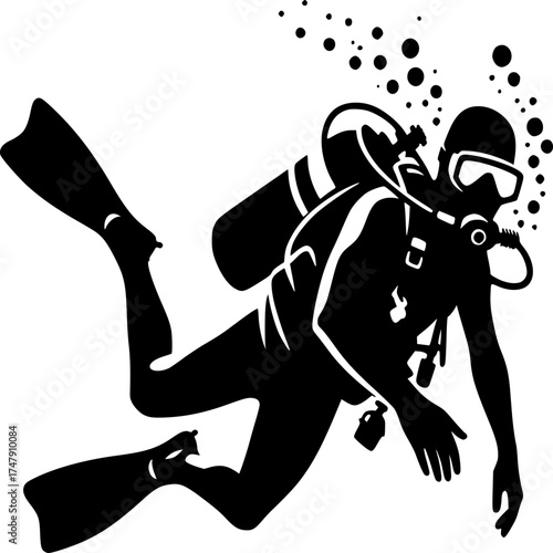 Beneath the Surface: A scuba diver descends into the depths of the ocean, exploring the underwater world with gear. The silhouettes suggests the wonders of exploration.