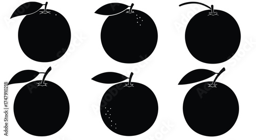 Simple black silhouette illustrations of six plums with stems and leaves